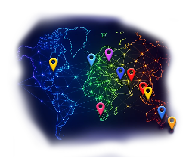 Sylised image of a world map with markers identifying the global locations of the Auton8 team